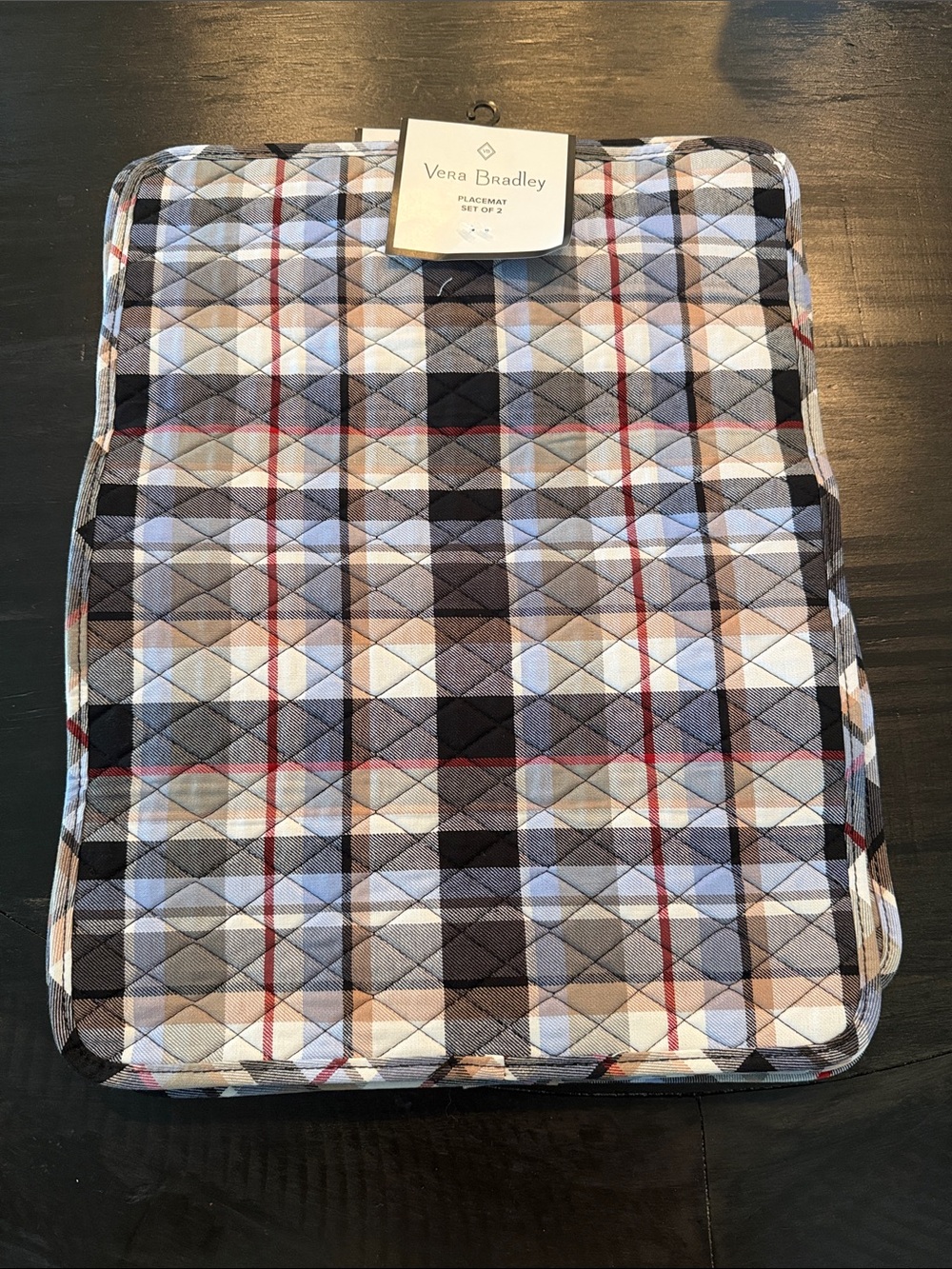 6 - Vera Bradley Quilted Plaid Placemat in Neutral Tones with Red Accents